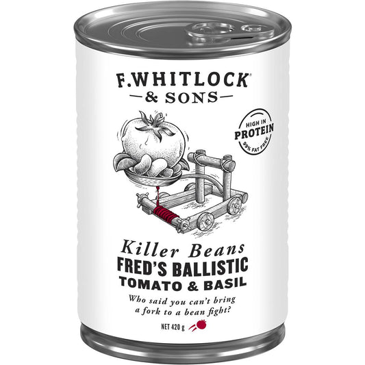 Carton (4 Pack) F. Whitlock & Sons Killer Baked Beans Fred's Ballistic Tomato & Basil 420g
